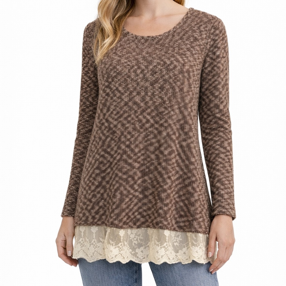 Umgee Brown Patterned Tunic with Lace Hem
